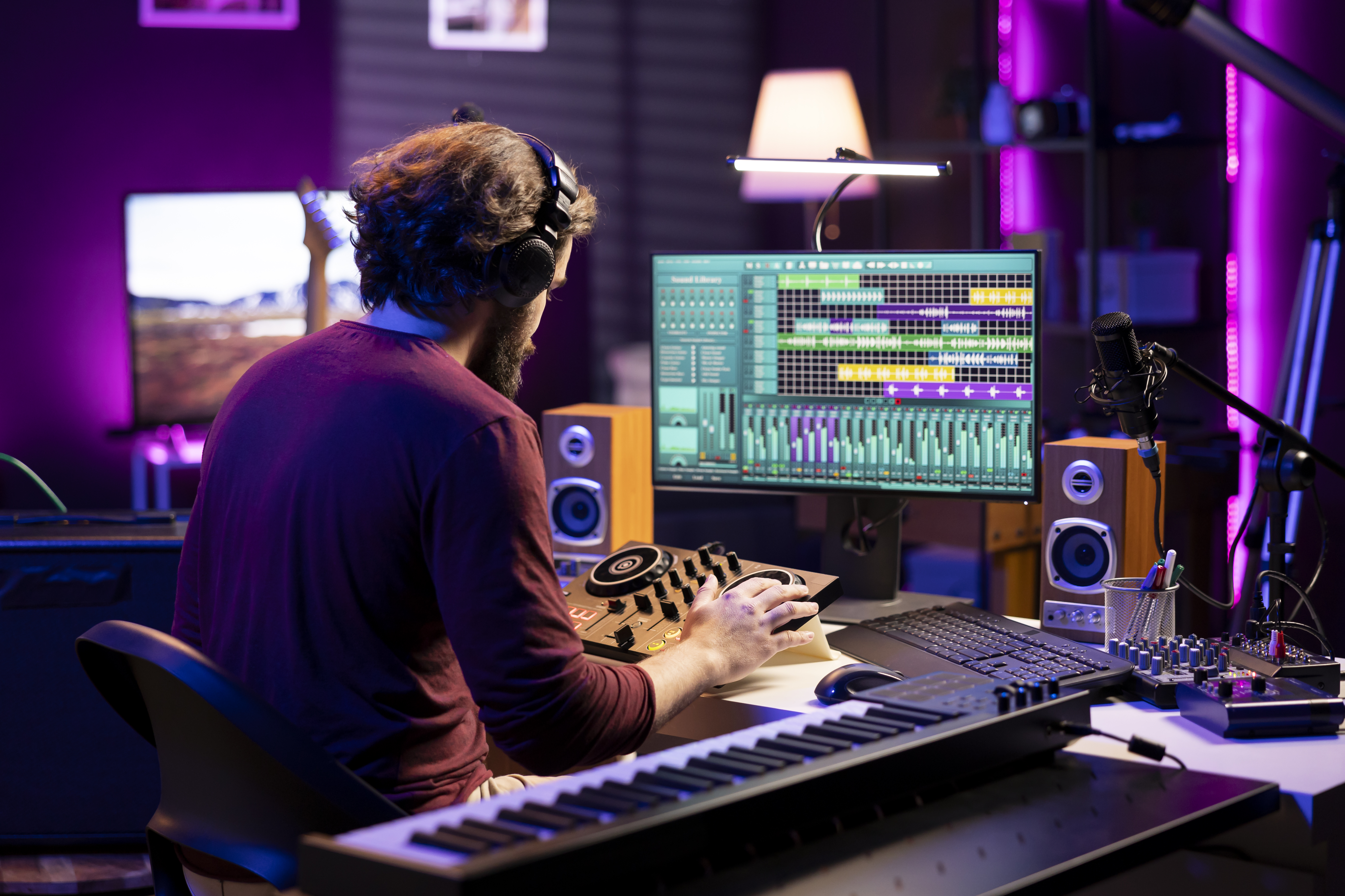 Skilled producer mixing and mastering sounds on stereo console, adjusting volume levels by twisting pre amp knobs in home studio. Audio engineer working with professional post production gear.