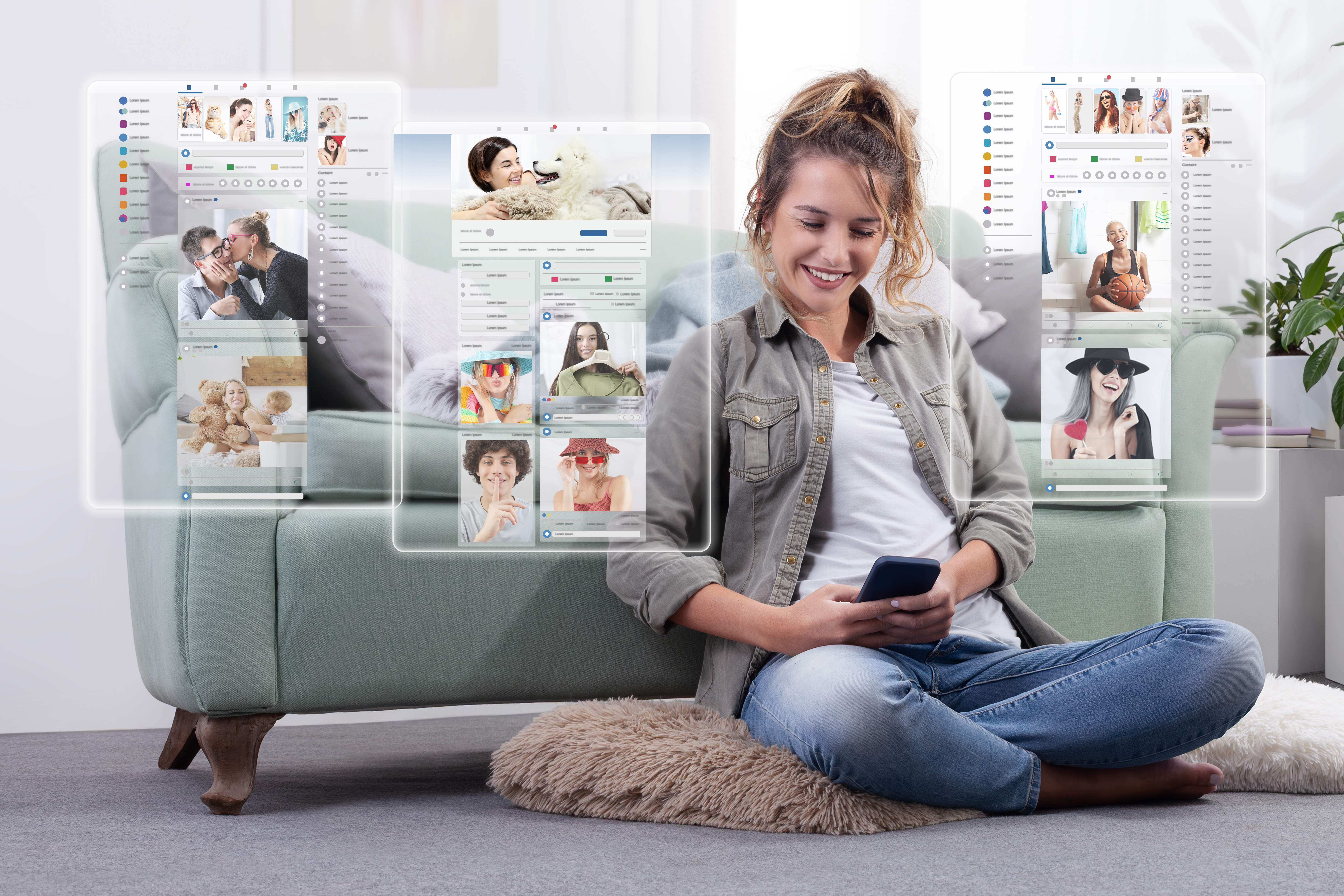 Happy young woman using smartphone to browse social media content through futuristic virtual screens in augmented reality at home. Modern lifestyle and digital technology concept