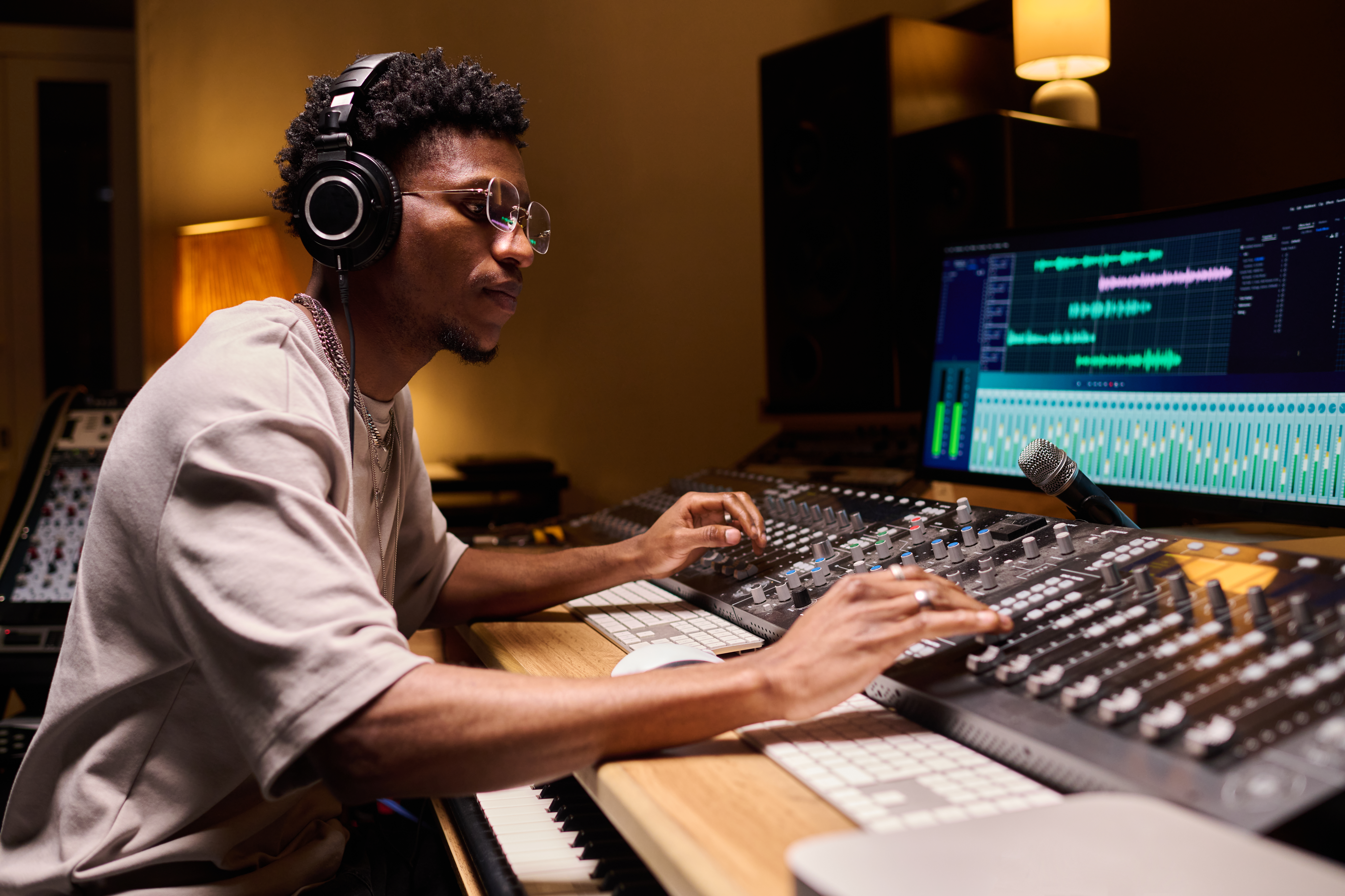Young adult Black man wearing headphones operating audio mixing console and computer monitors in professional recording studio, adjusting sound levels and working with music production equipment